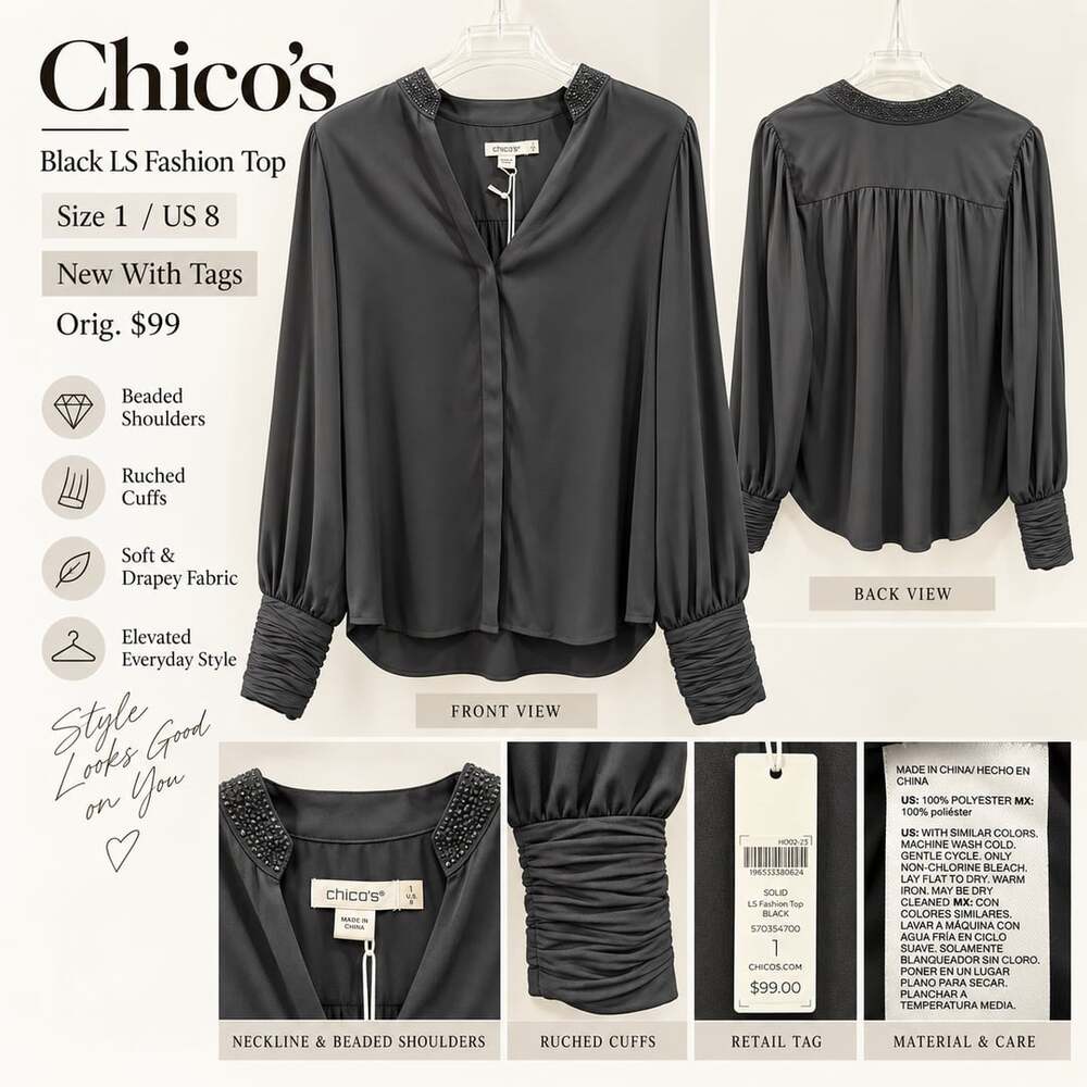 Chico's Black LS Fashion Top with Beaded Shoulders and Ruched Cuffs Size 1